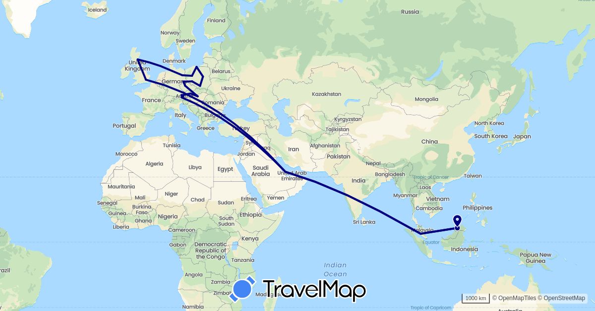 TravelMap itinerary: driving in Austria, Czech Republic, Germany, United Kingdom, Hungary, Malaysia, Poland, Qatar (Asia, Europe)